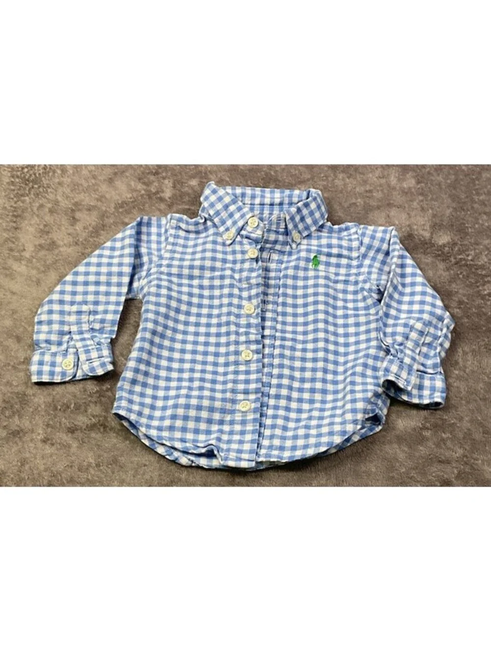Ralph Lauren Baby Boys 3M Blue White Gingham Button Down Shirt Pony Logo 100% Co